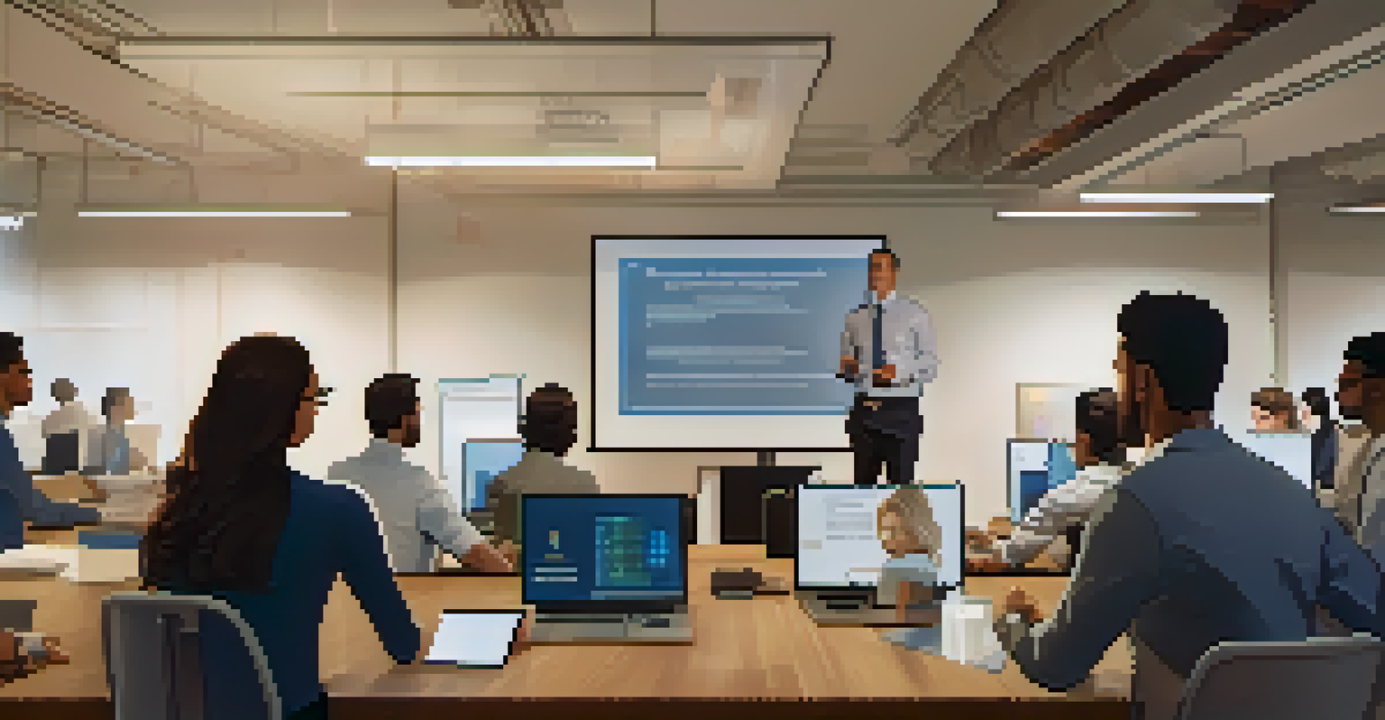A leader conducting a digital training session in a warm workspace, with engaged employees around a table.