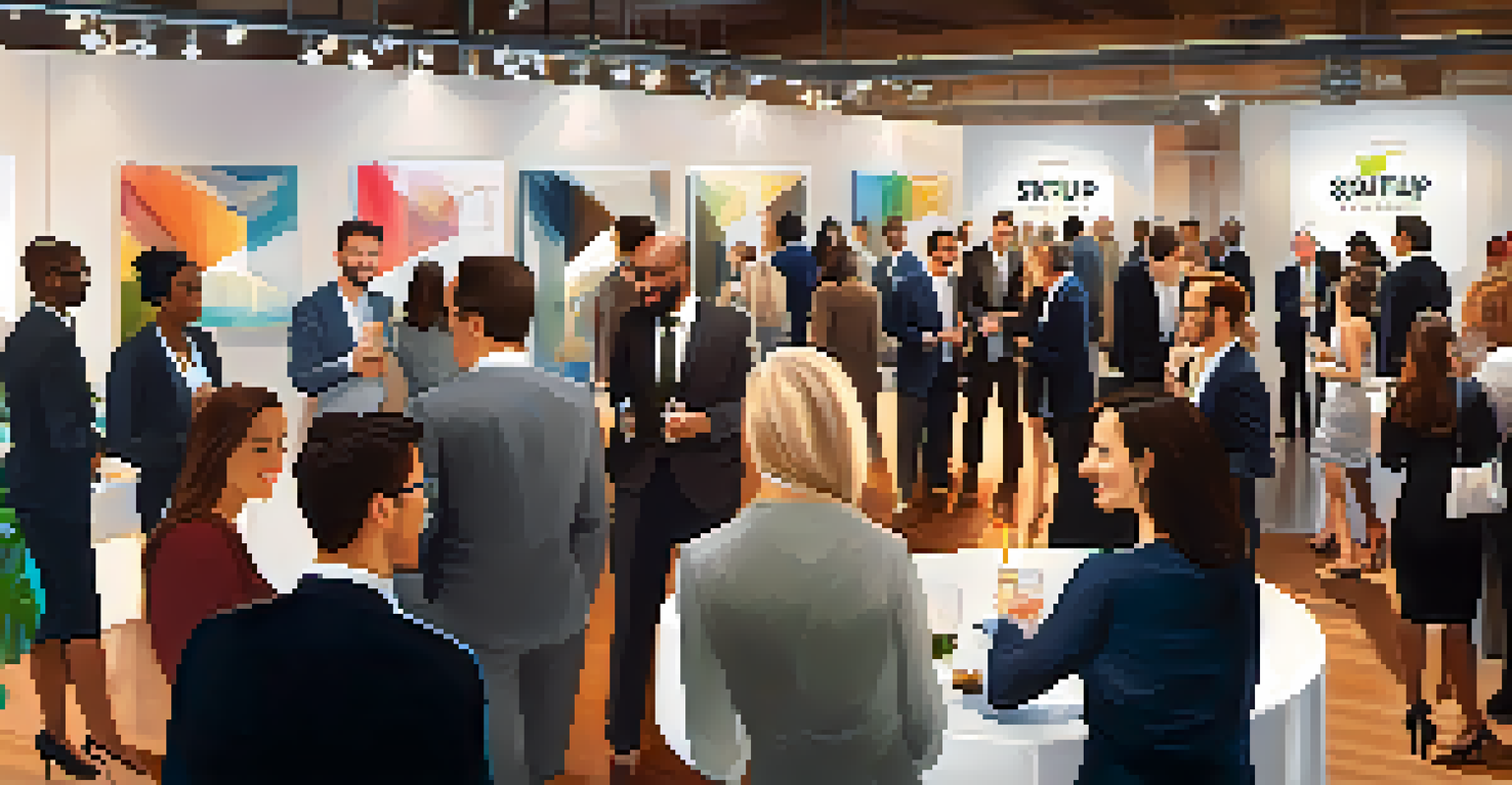 A vibrant networking event where diverse entrepreneurs engage and share ideas in a stylish venue.