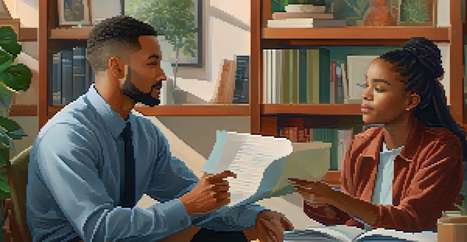 A mentor and mentee engaged in a supportive conversation in a cozy office setting.