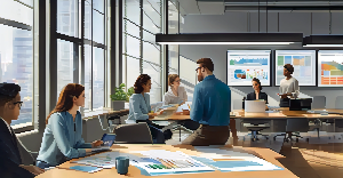 A diverse team collaborating in a bright office, discussing integrated marketing strategies with charts on a screen.