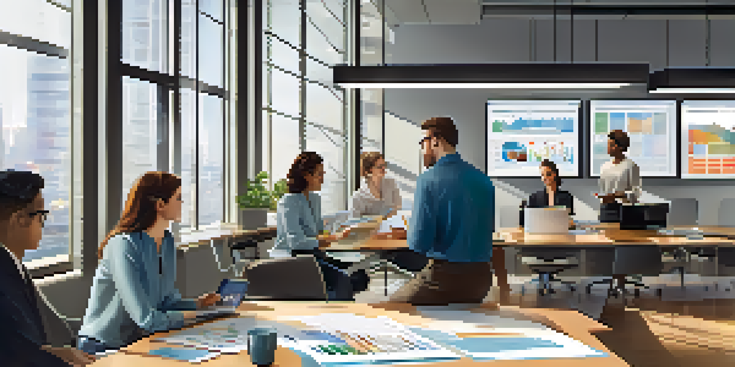 A diverse team collaborating in a bright office, discussing integrated marketing strategies with charts on a screen.