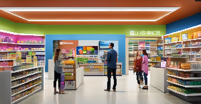 A busy modern retail store filled with customers interacting with displays and a staff member assisting a family.