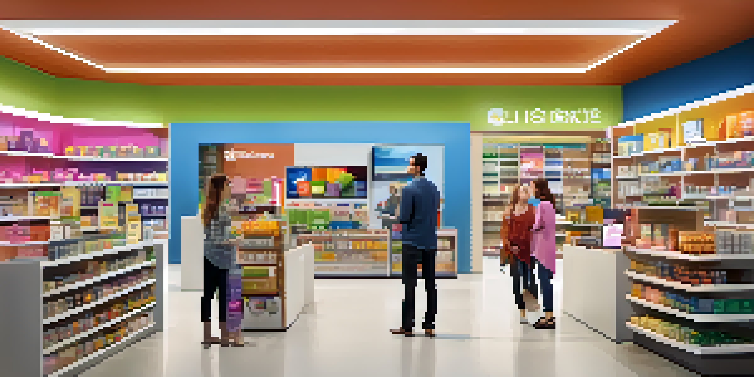 A busy modern retail store filled with customers interacting with displays and a staff member assisting a family.