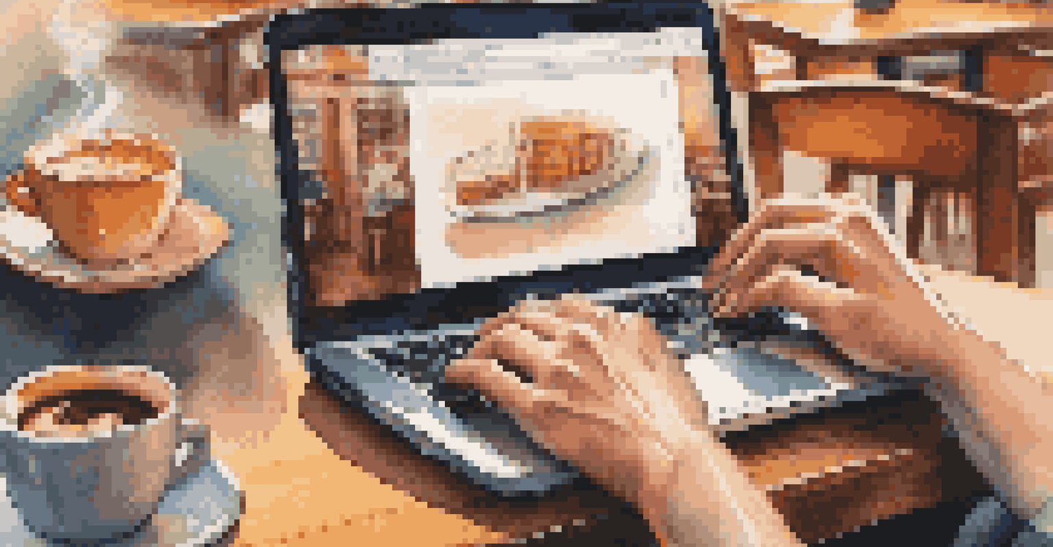 Close-up of hands typing on a laptop in a cozy café setting with a coffee cup beside it.
