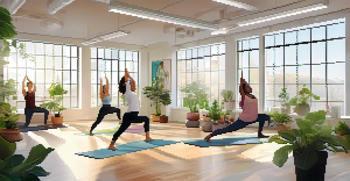An office filled with employees engaged in a yoga session, surrounded by greenery and natural light.