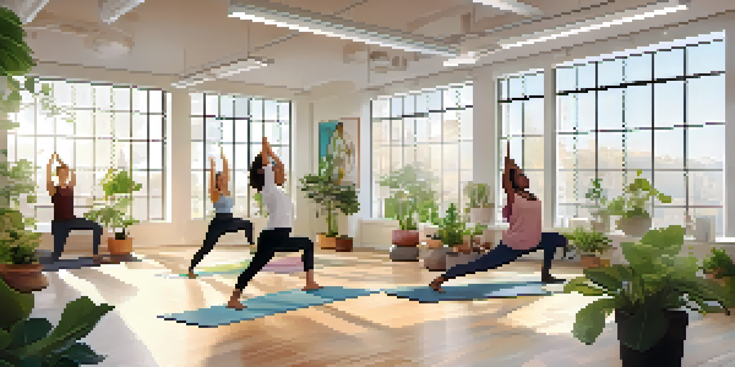 An office filled with employees engaged in a yoga session, surrounded by greenery and natural light.