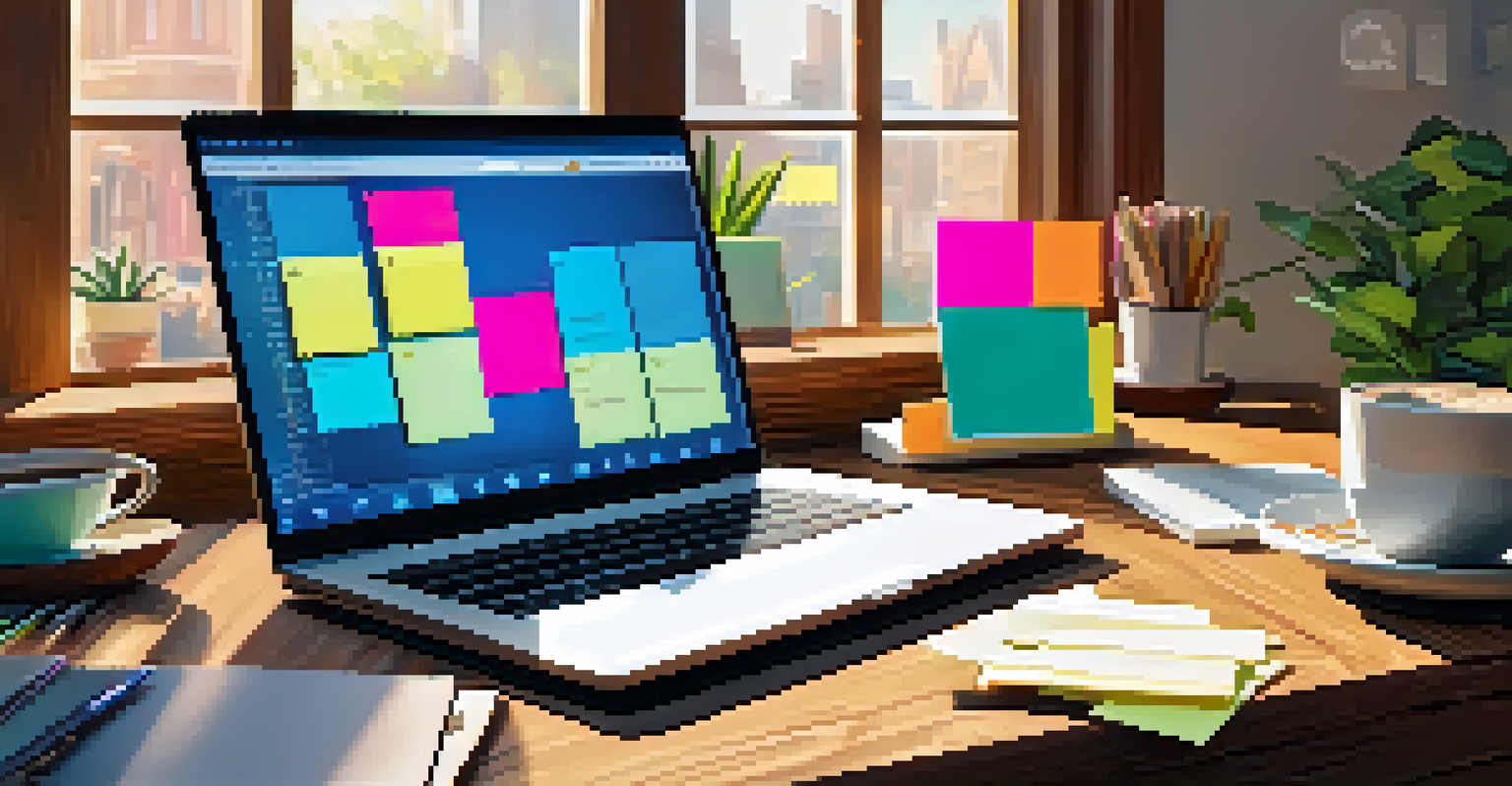 A lively workspace showcasing social media analytics with colorful notes and a laptop, illuminated by sunlight.