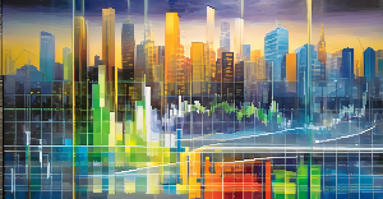 An abstract digital representation of financial data with colorful graphs and a blurred cityscape background.