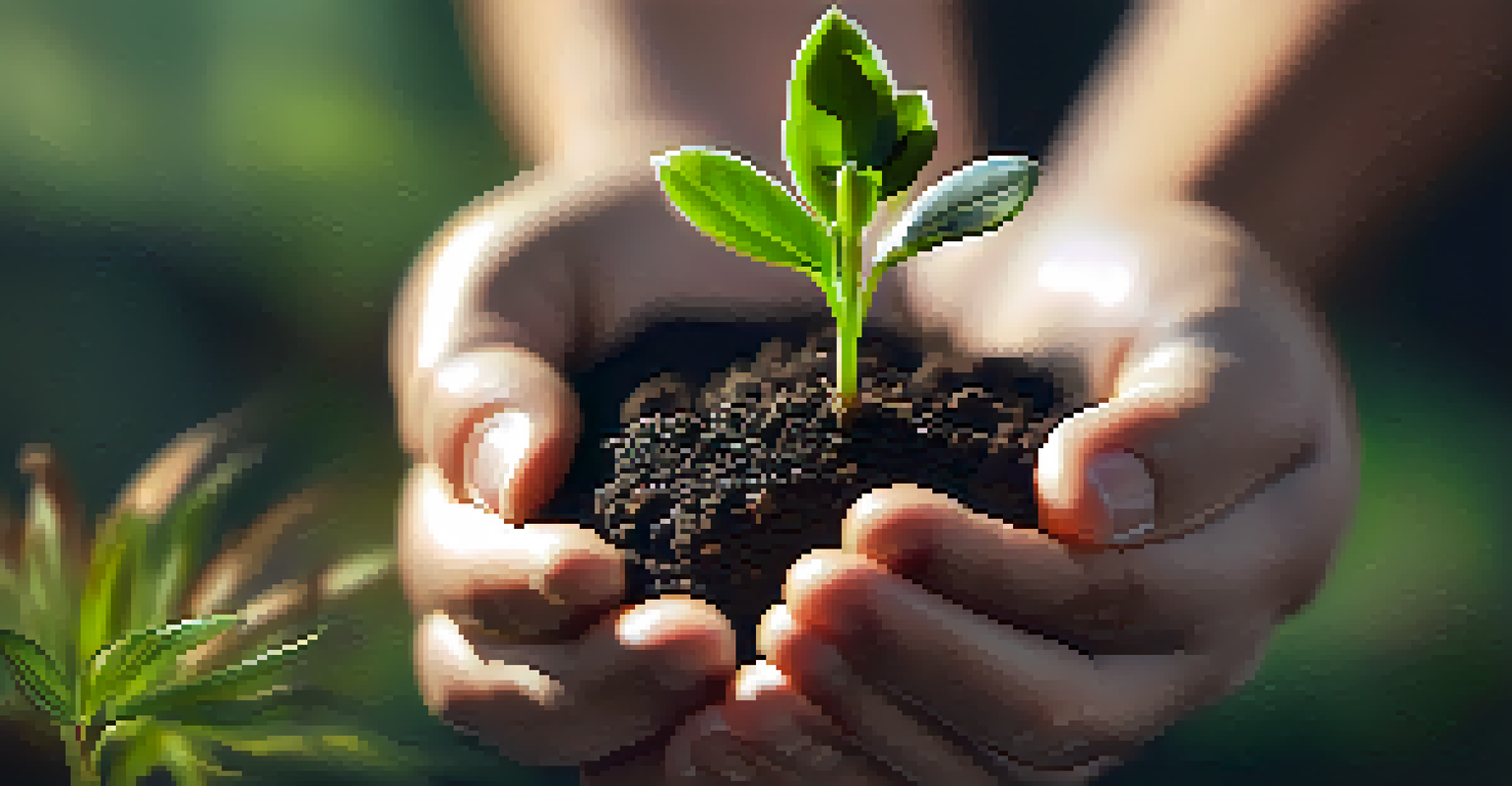 A close-up of a hand holding a sprouting plant in soil, symbolizing growth and sustainability.