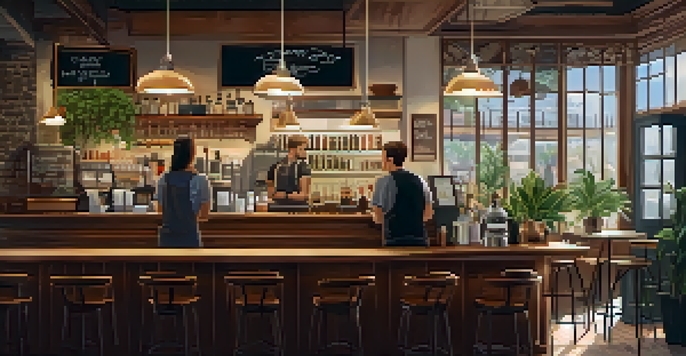 A warm and inviting café interior with wooden furniture and soft lighting, featuring a barista preparing coffee and customers socializing.