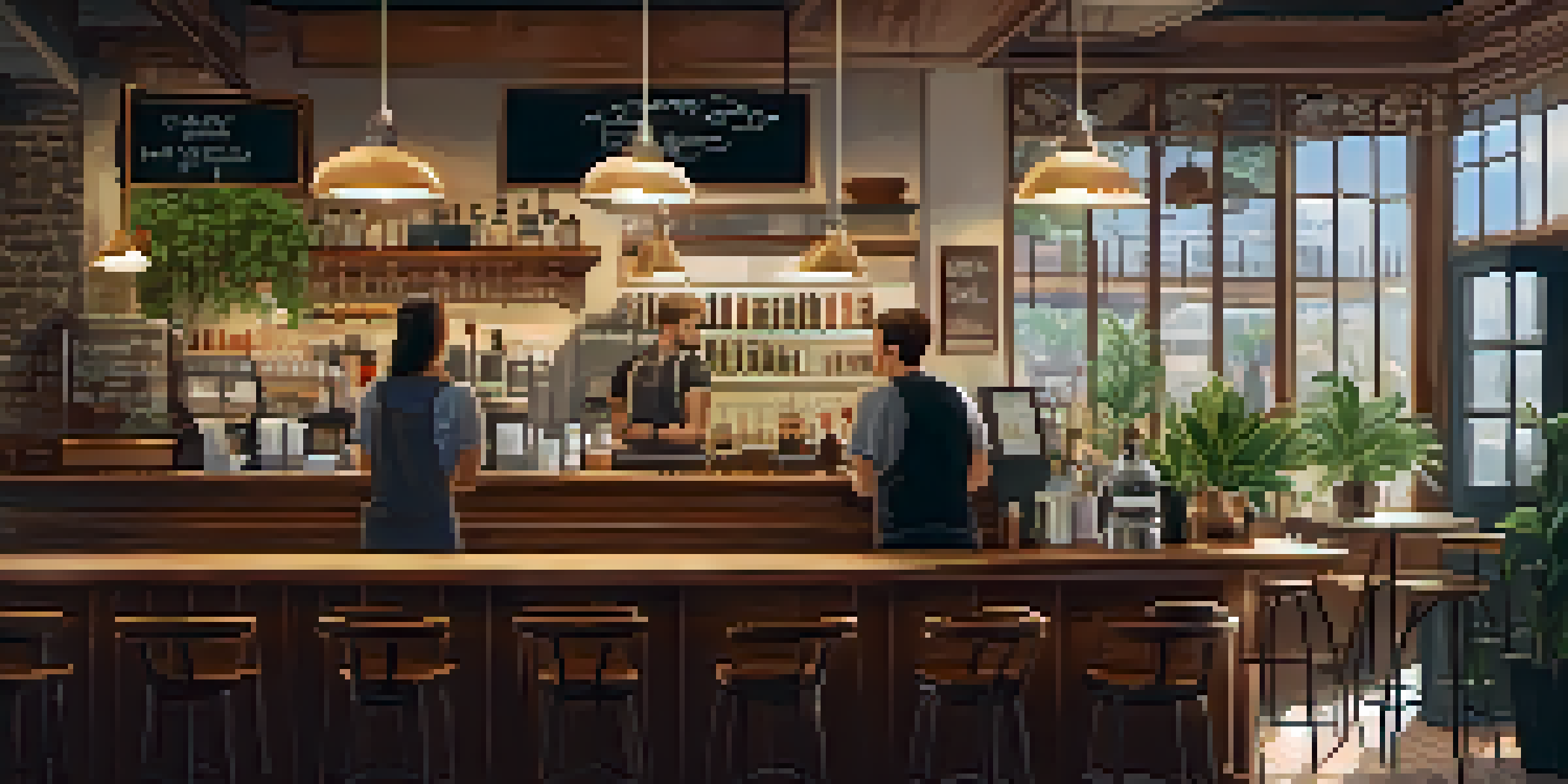 A warm and inviting café interior with wooden furniture and soft lighting, featuring a barista preparing coffee and customers socializing.