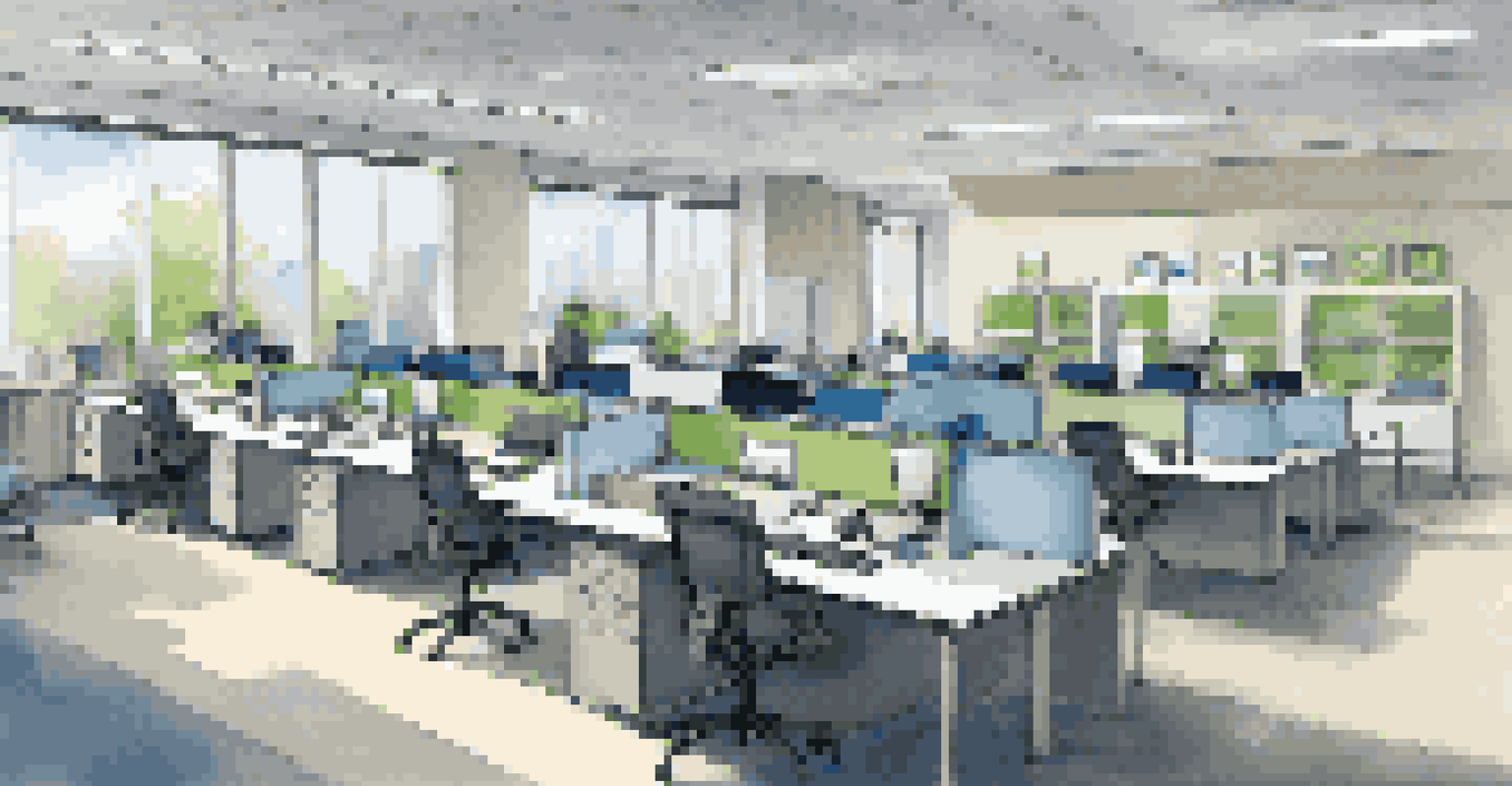 An office with multiple ergonomic workstations, each with adjustable desks, ergonomic chairs, and proper monitor positioning, in a collaborative environment.