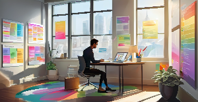 An entrepreneur working at a desk in a bright office, with a whiteboard filled with notes and a laptop showing a task management app.