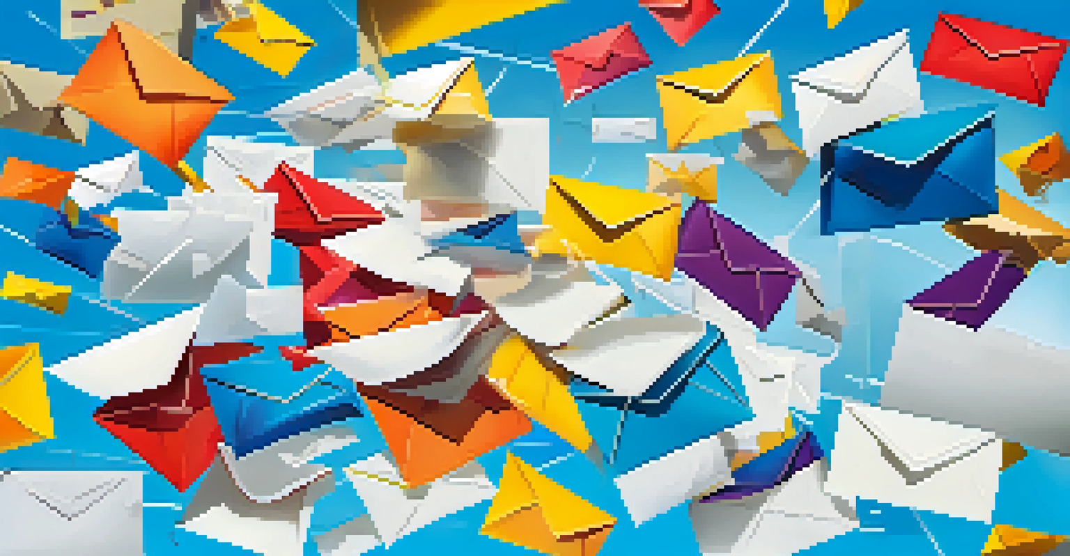Colorful envelopes soaring in a blue sky, alongside graphs and charts symbolizing success in email marketing.