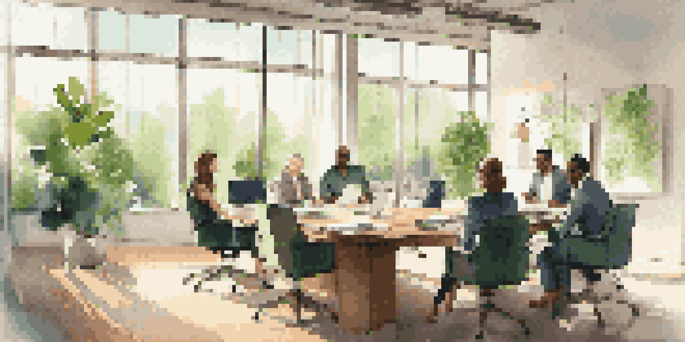 A group of diverse professionals discussing business succession planning in a bright office with a conference table and natural light.