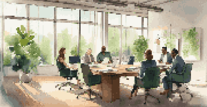 A group of diverse professionals discussing business succession planning in a bright office with a conference table and natural light.