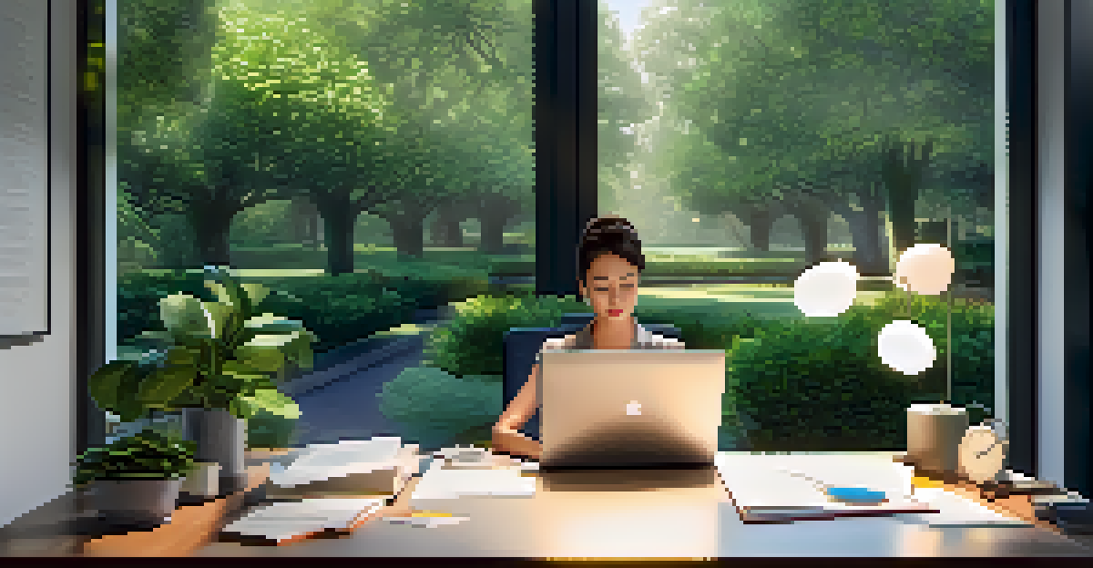 A professional working in a serene office with plants and an open window overlooking a park.