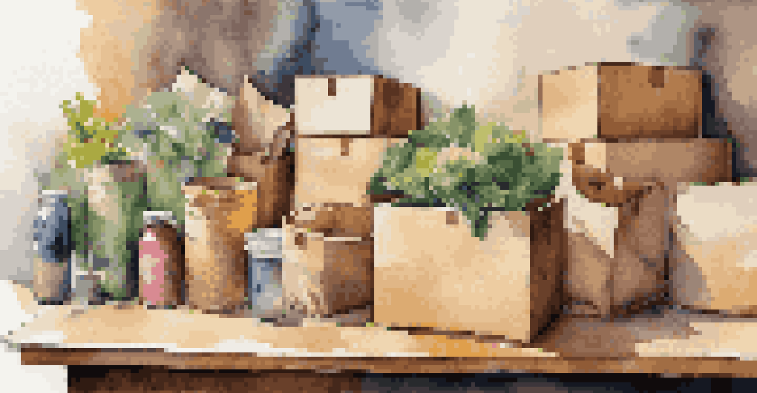 An artistic display of different sustainable packaging materials on a wooden table, showcasing their colors and textures.