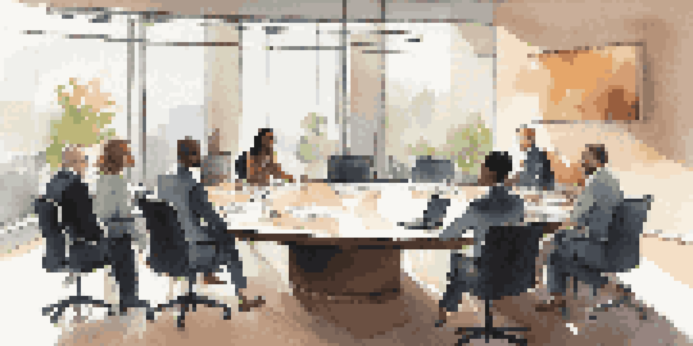 A diverse group of businesspeople negotiating in a well-lit conference room, surrounded by modern decor and technology.
