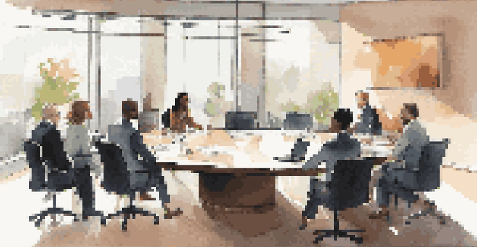 A diverse group of businesspeople negotiating in a well-lit conference room, surrounded by modern decor and technology.