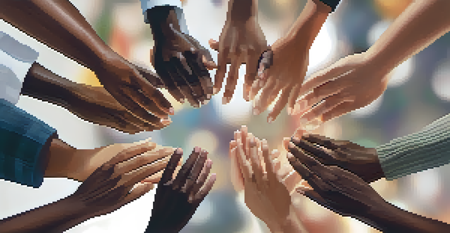 Close-up of diverse hands forming a circle, representing unity and collaboration in a warm office setting.