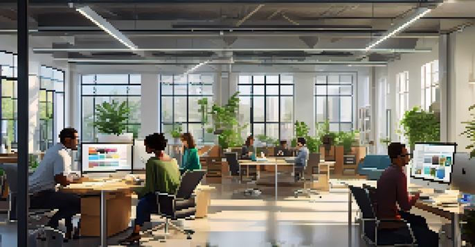 A diverse team collaborating in a modern office with digital devices, bright natural lighting, and plants.
