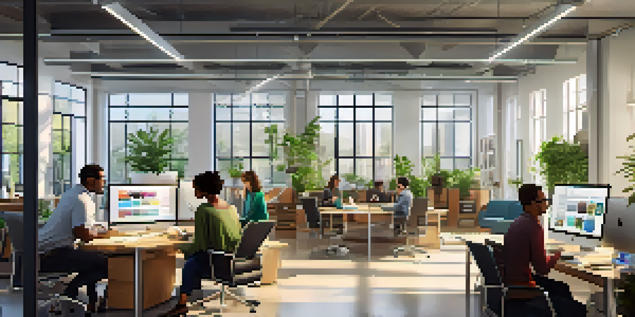 A diverse team collaborating in a modern office with digital devices, bright natural lighting, and plants.