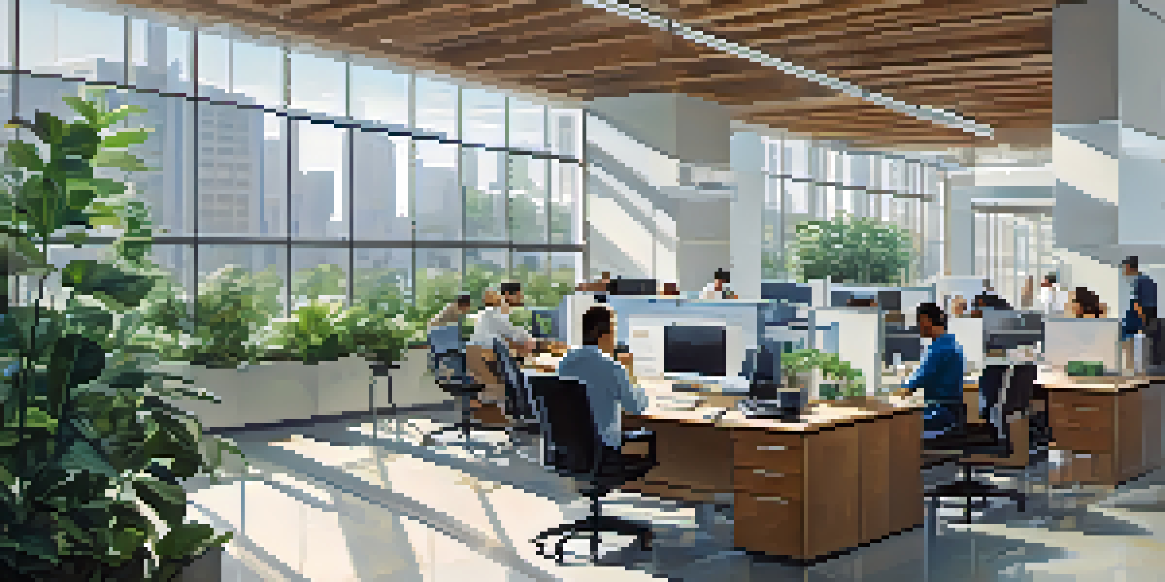 A bright and modern office with employees working together, showcasing the use of robotic process automation software on a computer.