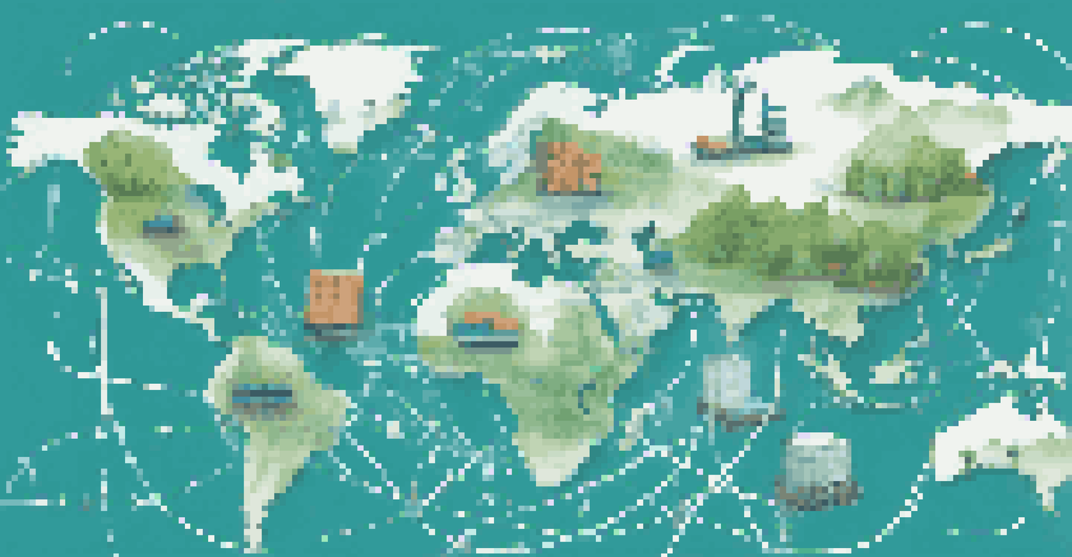 An illustrated supply chain network showing various stages from sourcing to delivery, with a globe backdrop and a blue-green color scheme.