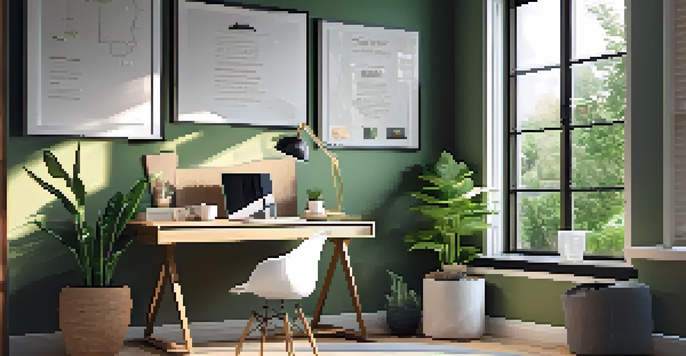 A modern home office with a desk, laptop, ergonomic chair, and natural light from a window.