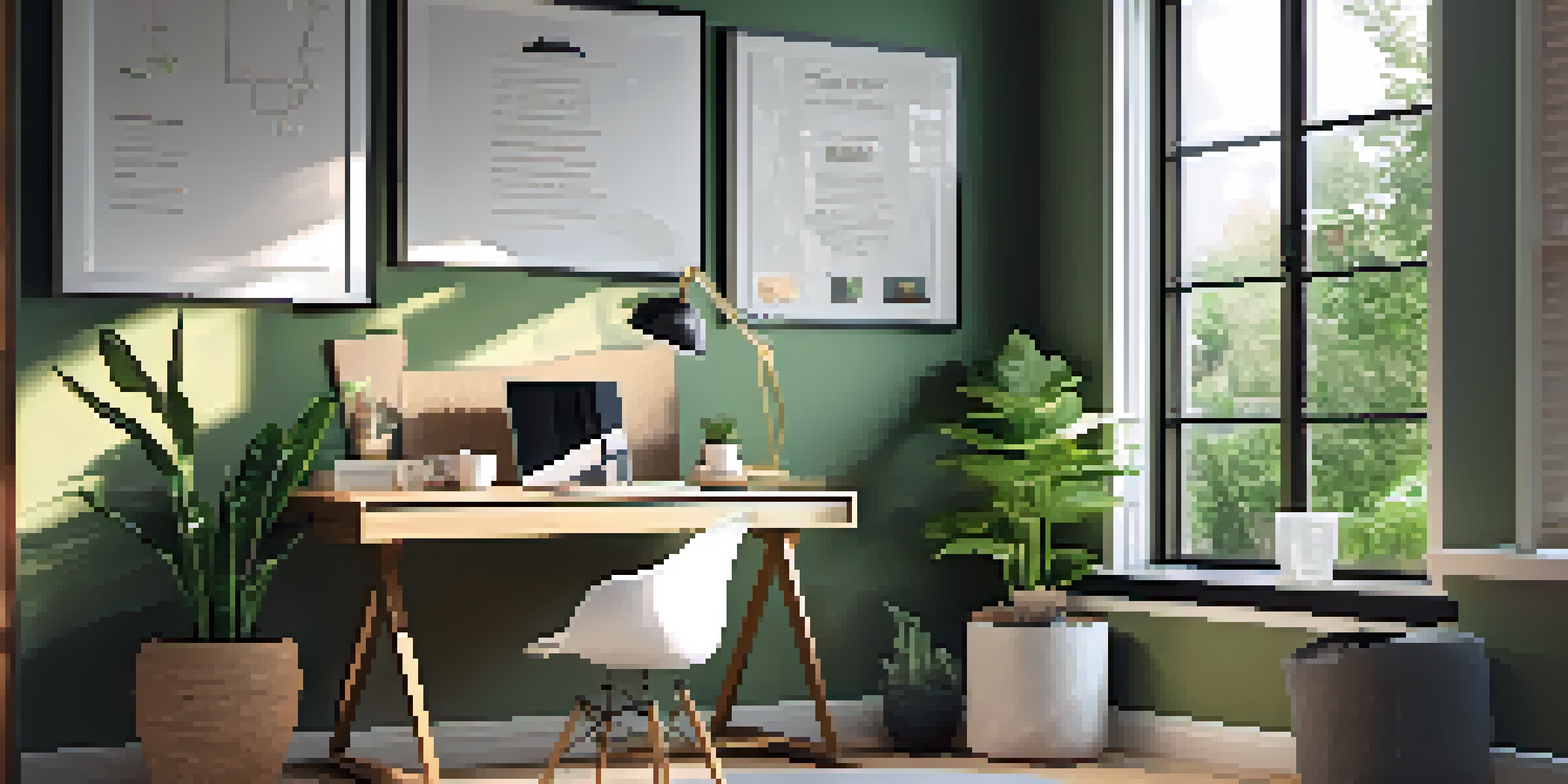 A modern home office with a desk, laptop, ergonomic chair, and natural light from a window.