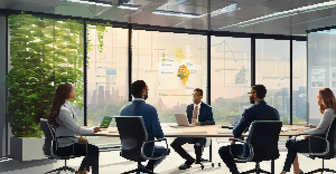 A group of diverse professionals discussing data privacy in a bright office with plants and a digital screen.