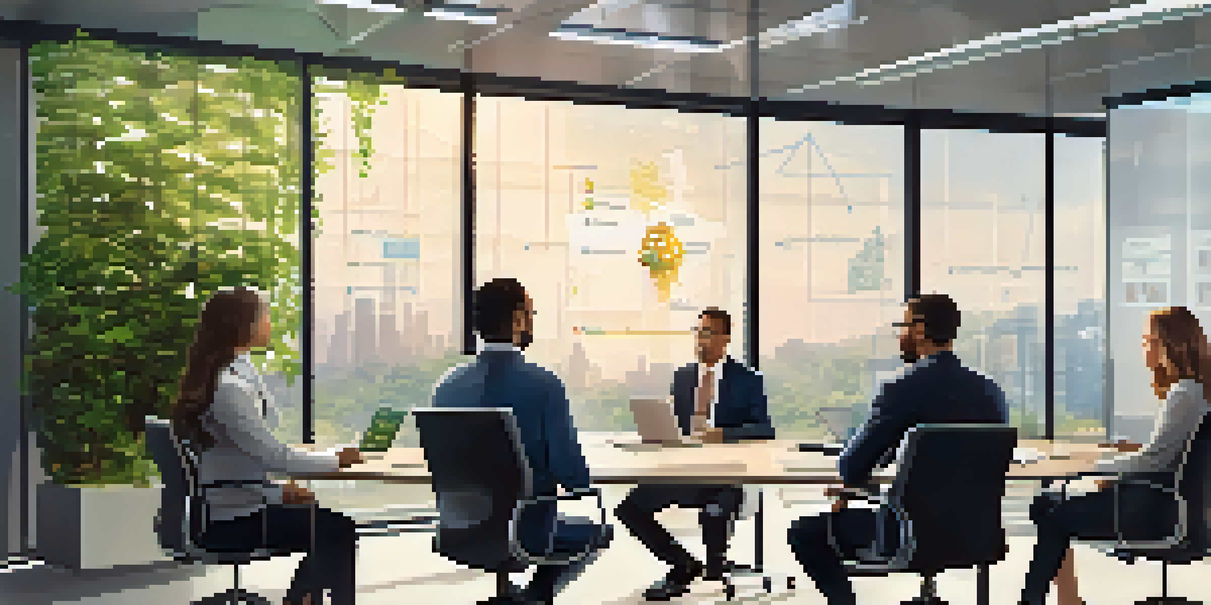 A group of diverse professionals discussing data privacy in a bright office with plants and a digital screen.