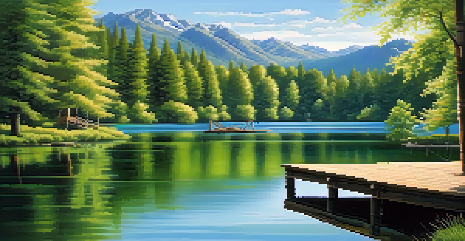 A peaceful landscape with a tranquil lake, lush trees, mountains in the background, and a wooden dock extending into the water.