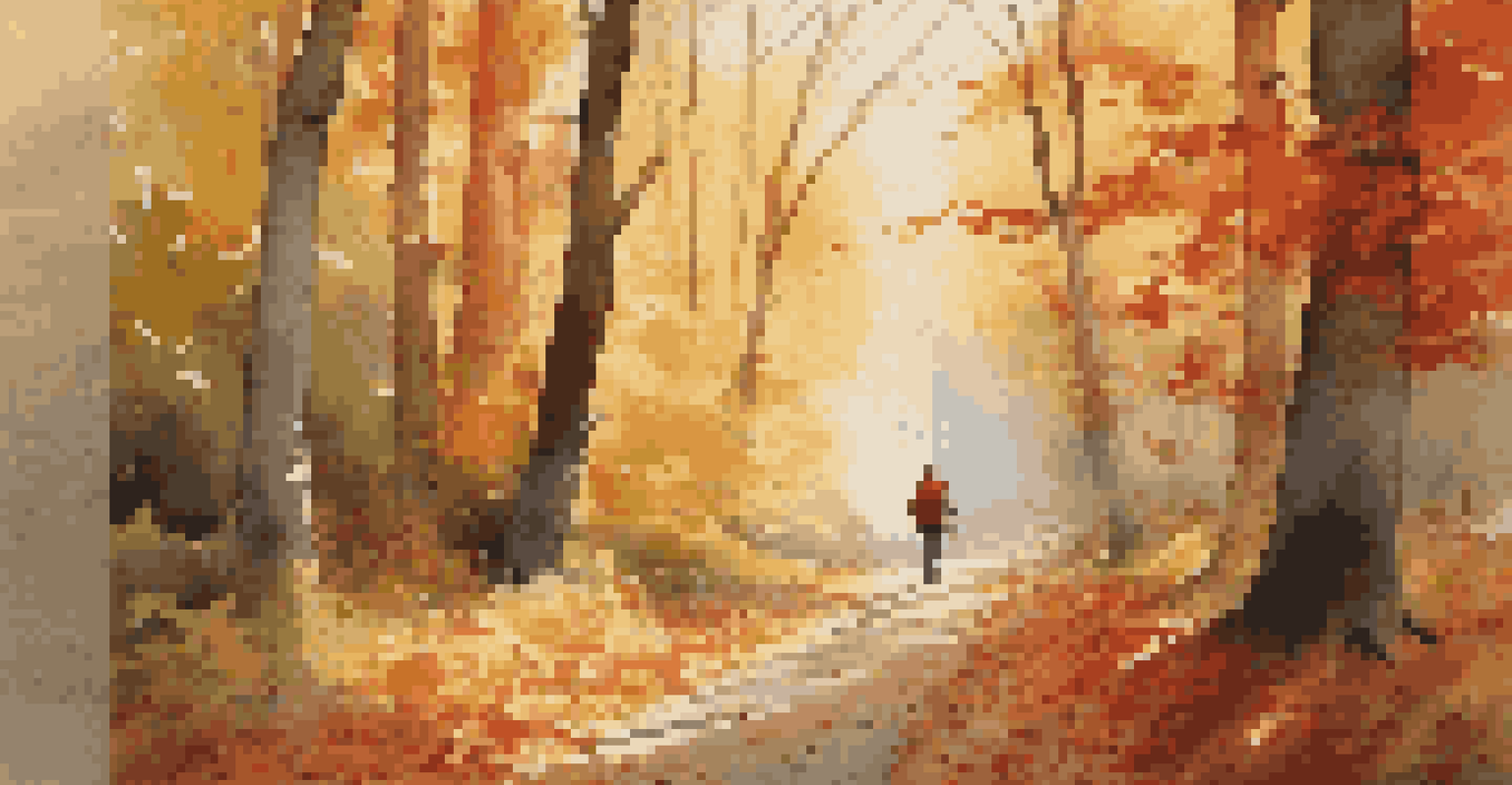 An autumn forest path with colorful leaves and a person walking their dog.