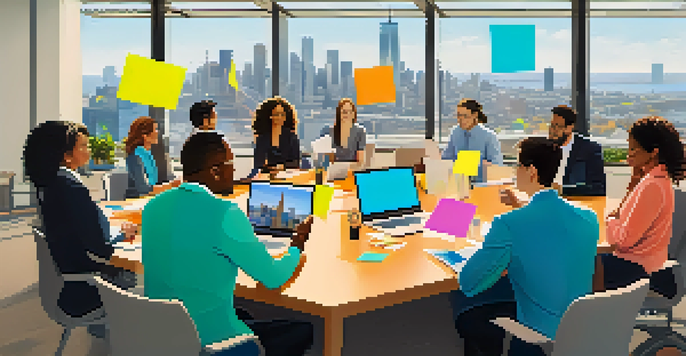 A diverse group of professionals collaborating at a conference table with colorful notes and laptops, set in a bright modern office with a city skyline view.