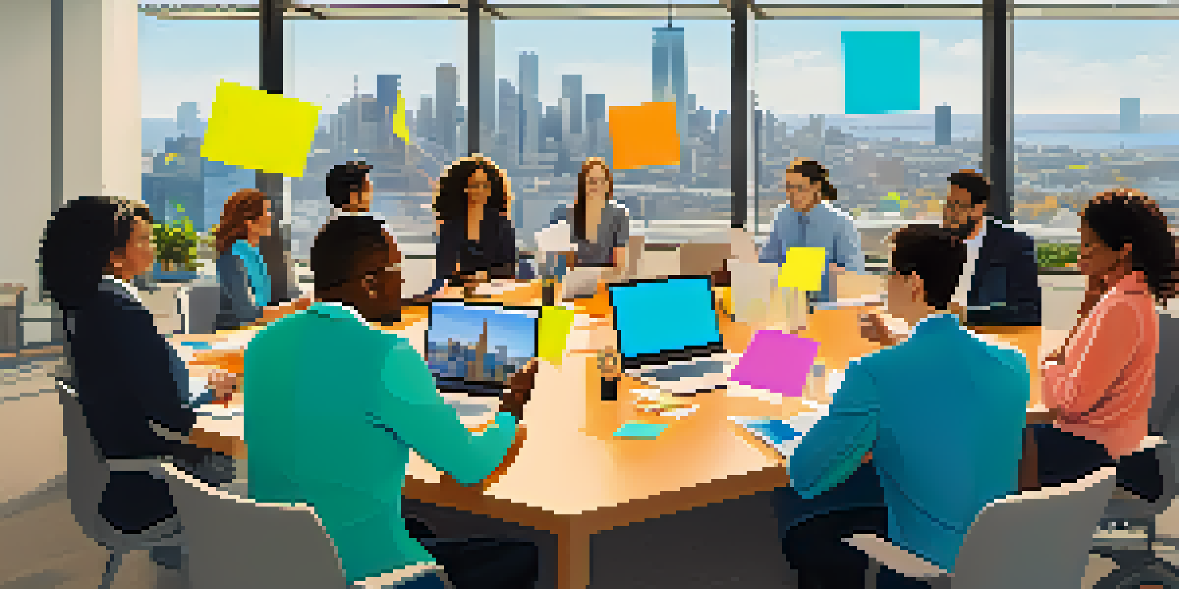 A diverse group of professionals collaborating at a conference table with colorful notes and laptops, set in a bright modern office with a city skyline view.