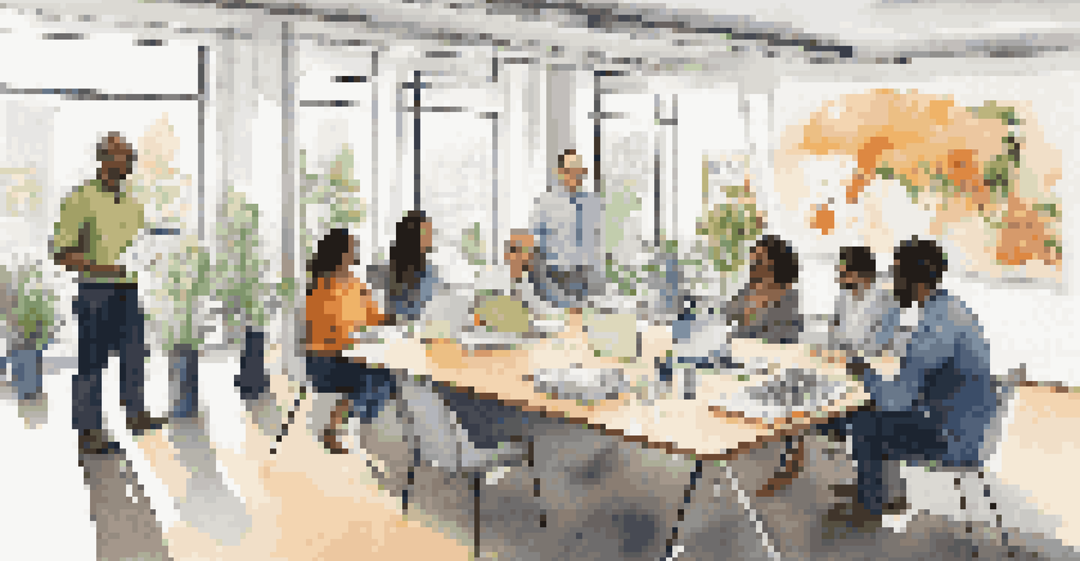 Diverse professionals in a bright office discussing sustainable practices around a large table.