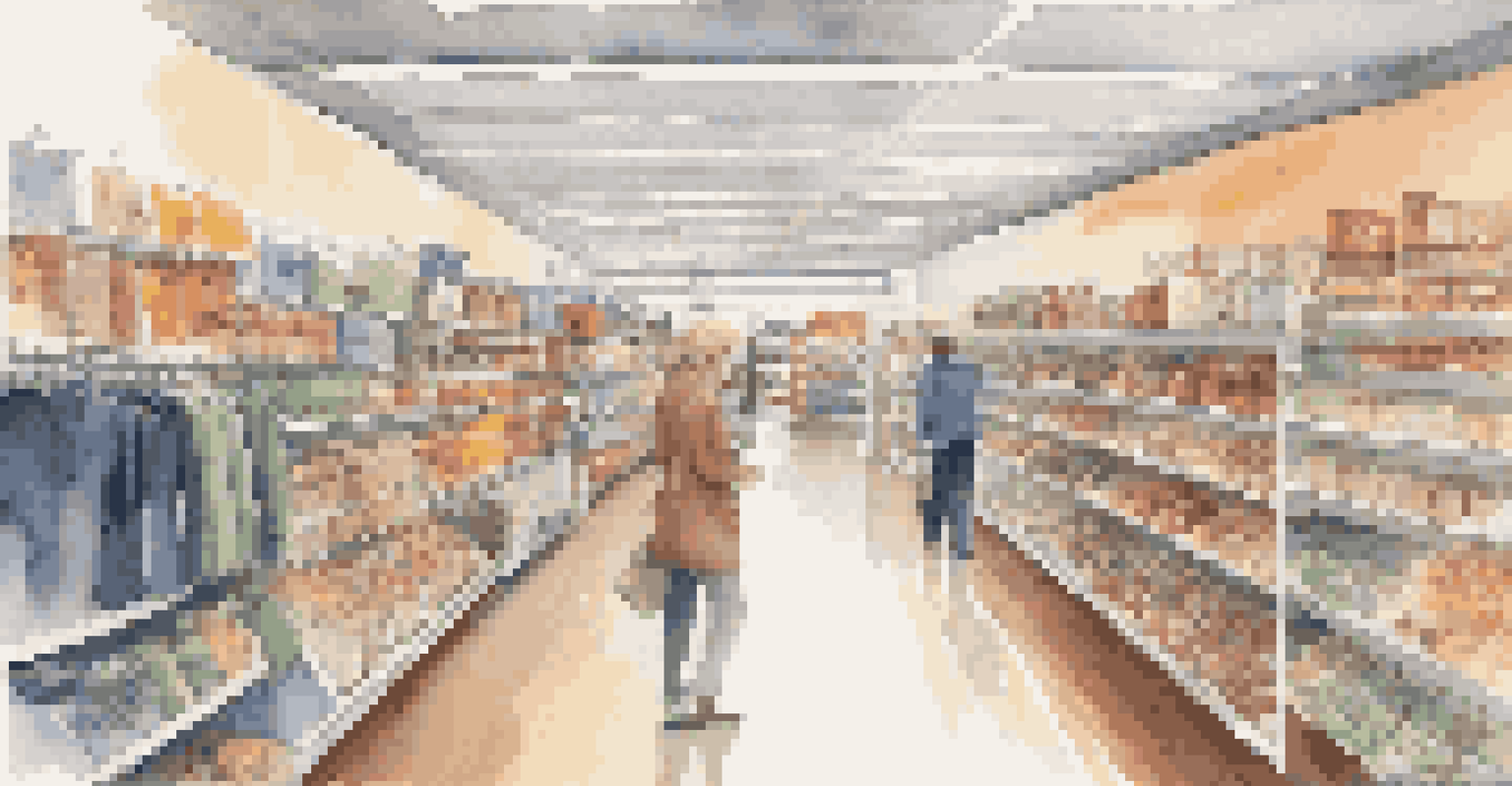 An organized store aisle with clearly marked products and a shopper looking content while browsing.