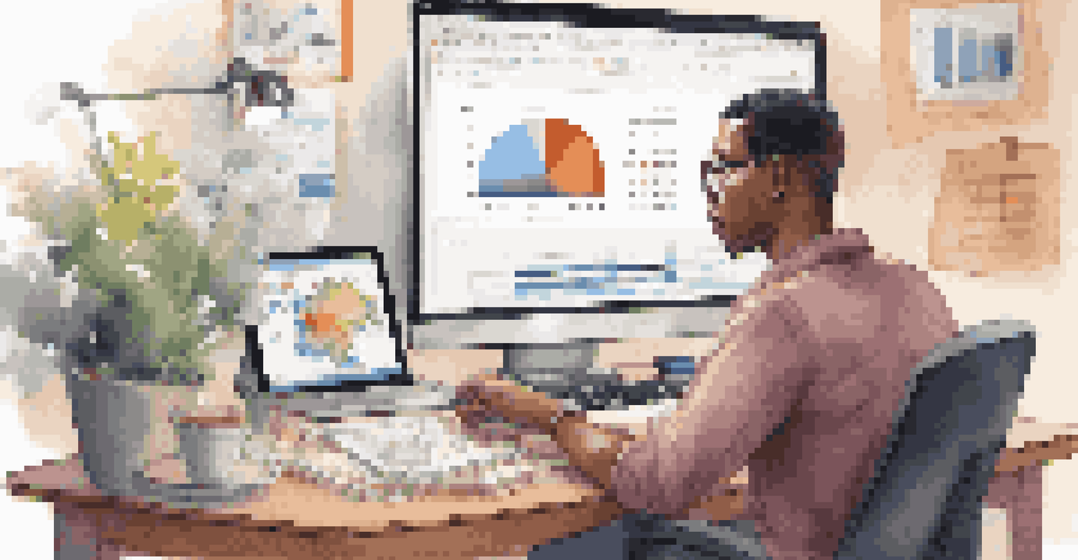 A person analyzing data on a computer, surrounded by graphs, a notepad, and a cup of coffee in a cozy workspace.