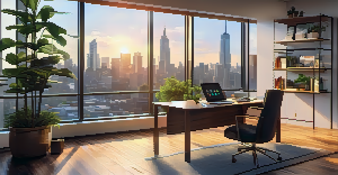 A contemporary office with a city skyline view at sunset, featuring a glass desk and plants.