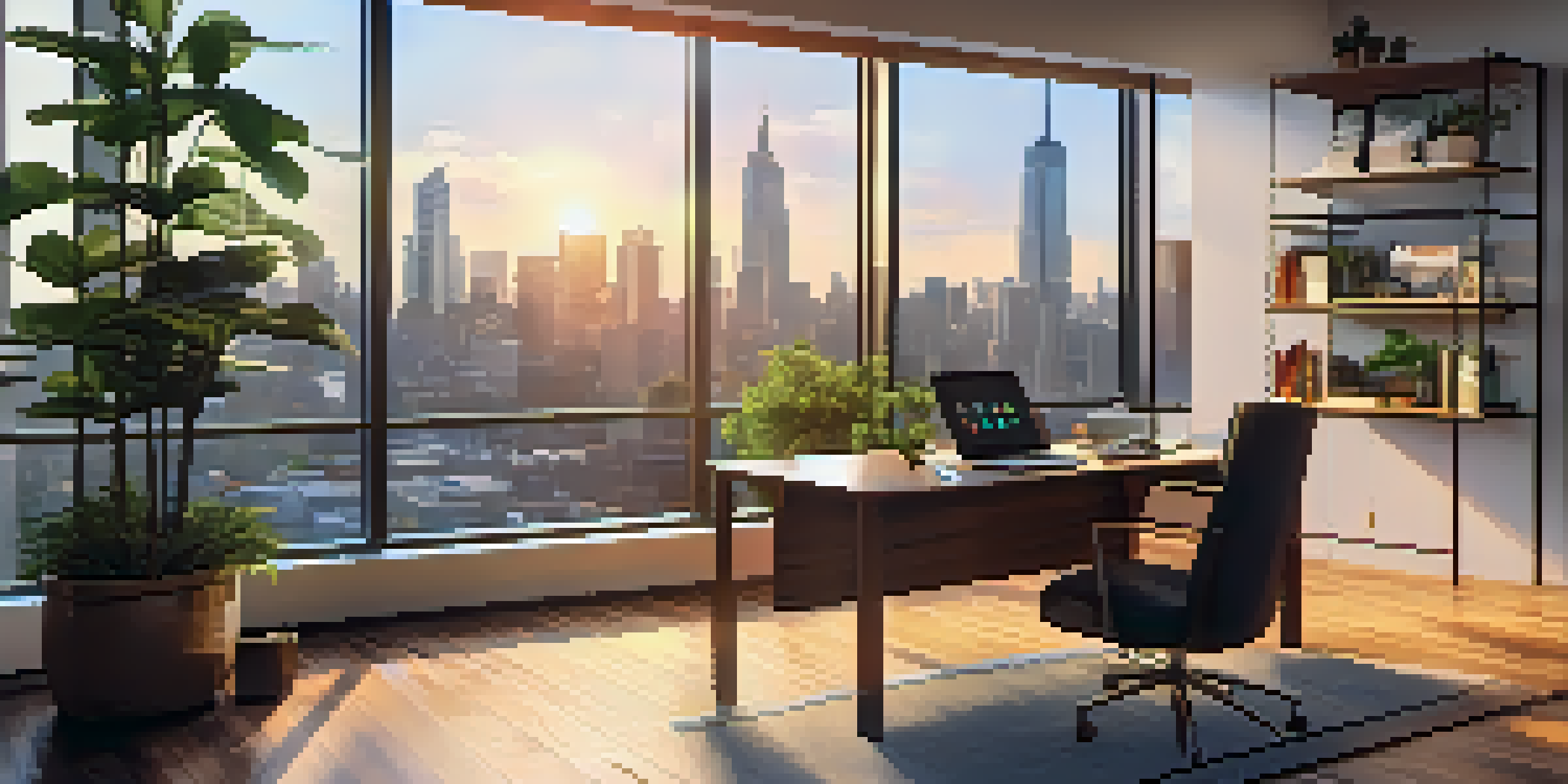 A contemporary office with a city skyline view at sunset, featuring a glass desk and plants.