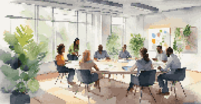 A diverse group of employees participating in a team-building activity in a bright office environment, sitting in a circle with a whiteboard in the background.