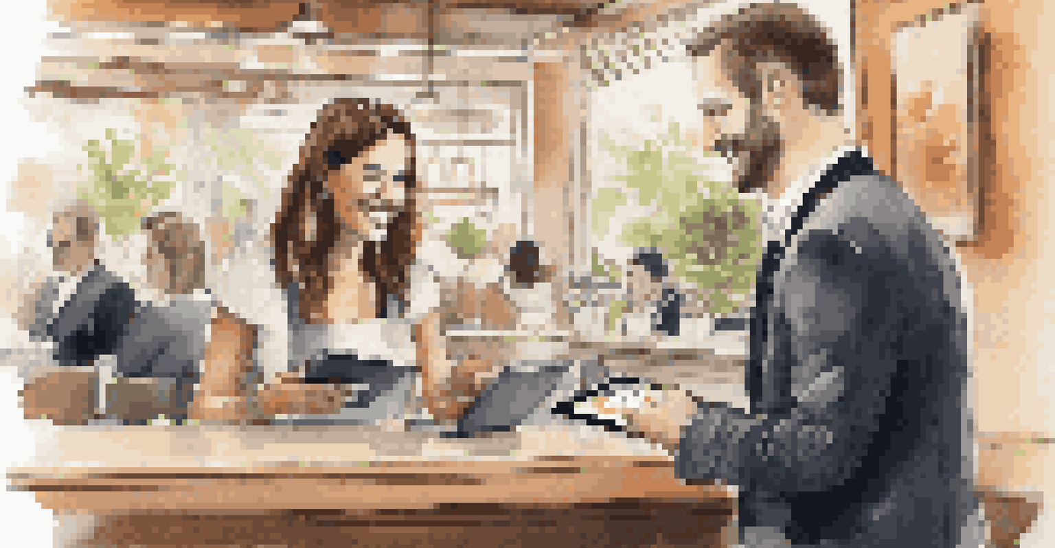 A customer giving feedback in a restaurant while a server holds a tablet for a quick survey, in a modern decor setting.