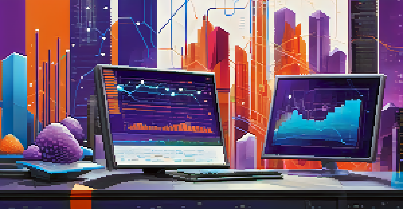 An abstract visualization of data analytics with colorful graphs and charts emerging from a computer screen against a digital landscape.