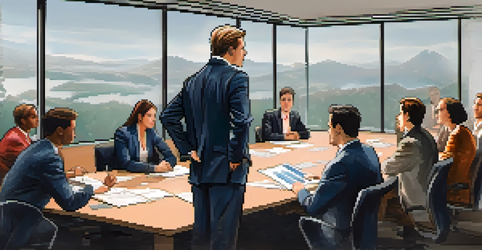 A leader at a conference table leading a diverse team discussion during a crisis, with a whiteboard in the background.