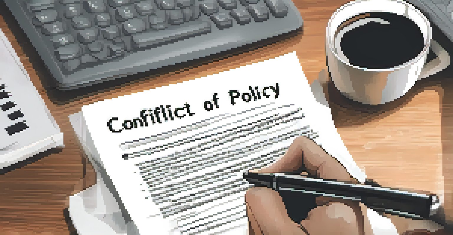 Close-up of a hand holding a pen over a conflict of interest policy document on an office desk.