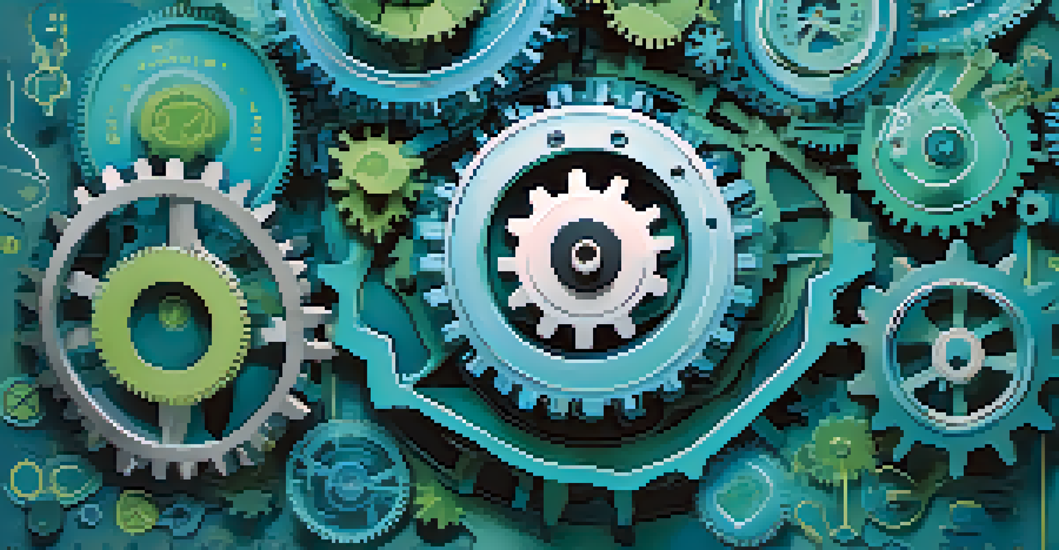 An abstract image of interconnected gears in blue and green, symbolizing customer-centric transformation with icons for empathy and data analytics.