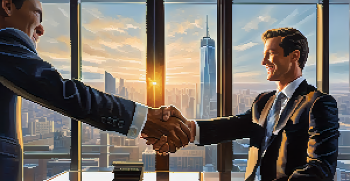 A businessperson shaking hands in a bright office, symbolizing a successful negotiation.