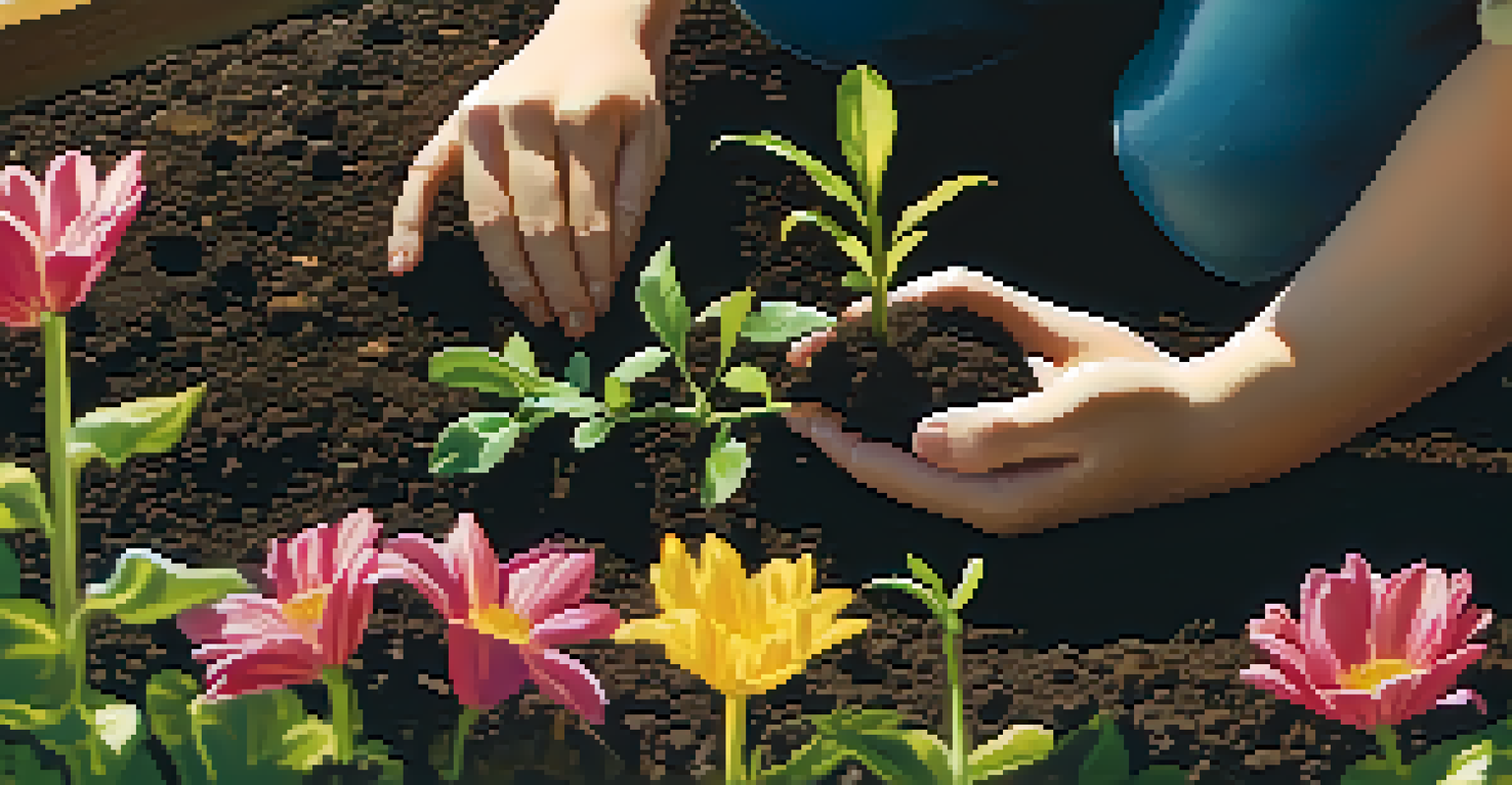 Close-up of hands planting a sapling in soil with colorful flowers in the background.